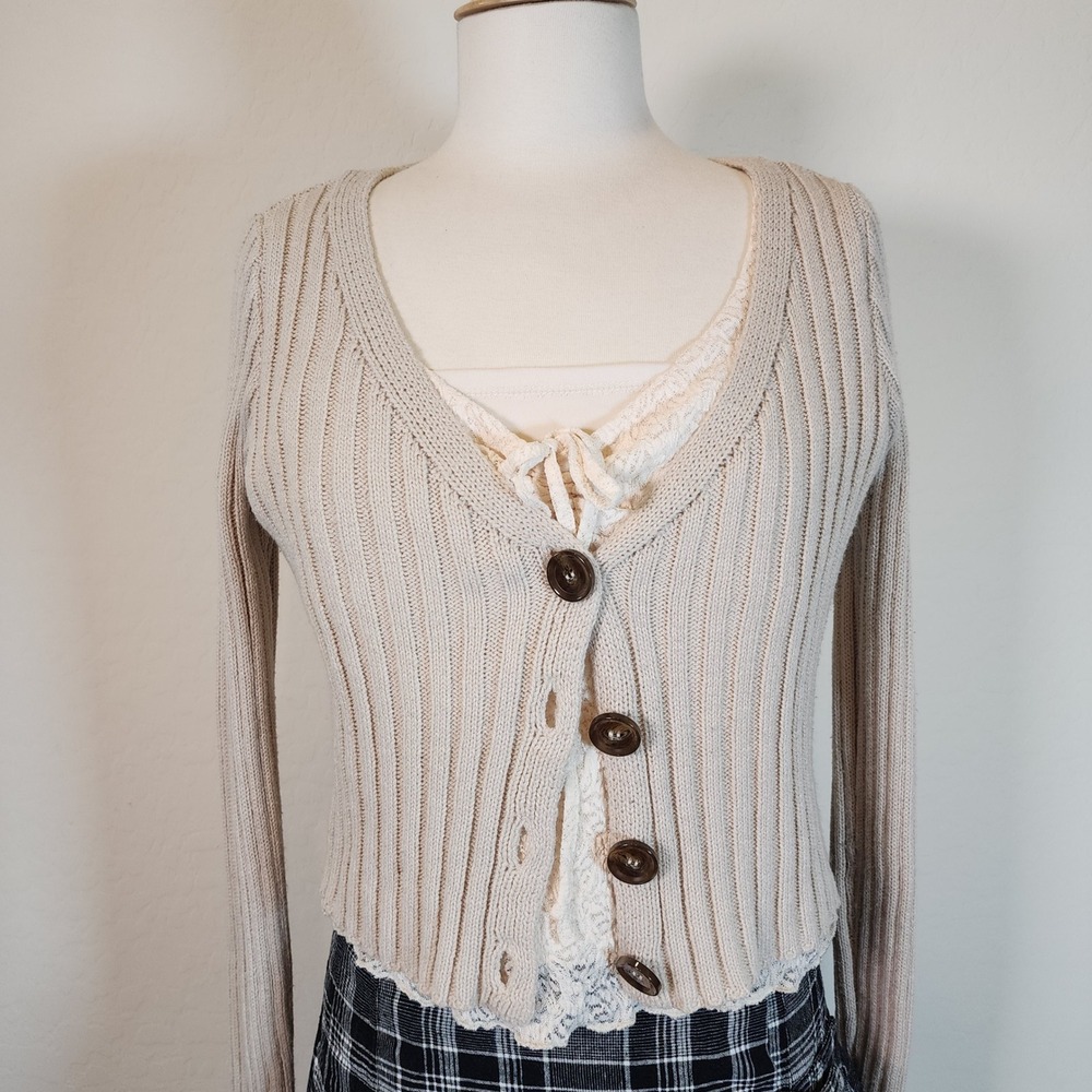 RSQ Collective Knit Cardigan Sweater Women's L Brown Buttons Ribbed Beige‎ Top
